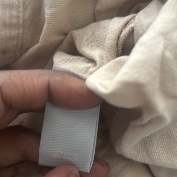 Beige Button Up Blouse Womens Linen Roll Tab Sleeve Minimalist Office 2X-3X - Picture 6 of 6